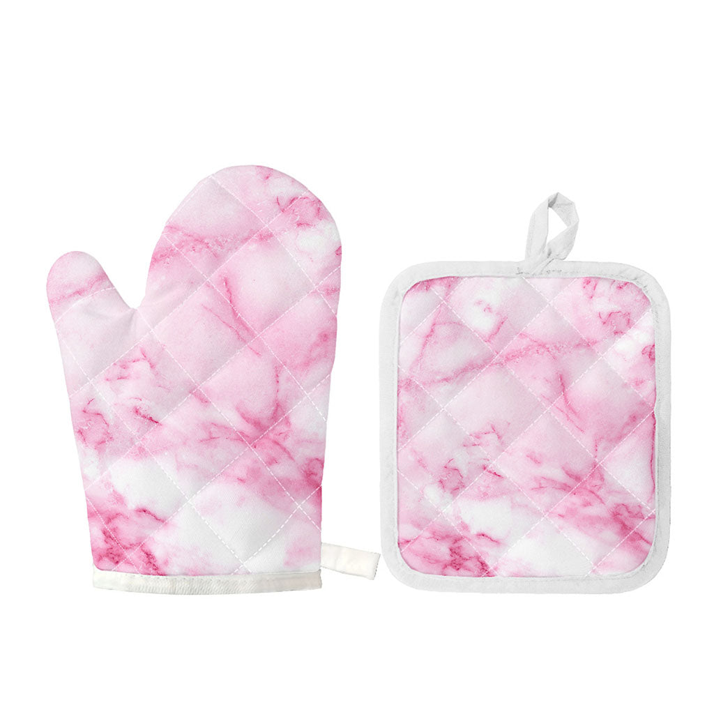 White Pink Marble Print Oven Mitt And Pot Holder Set