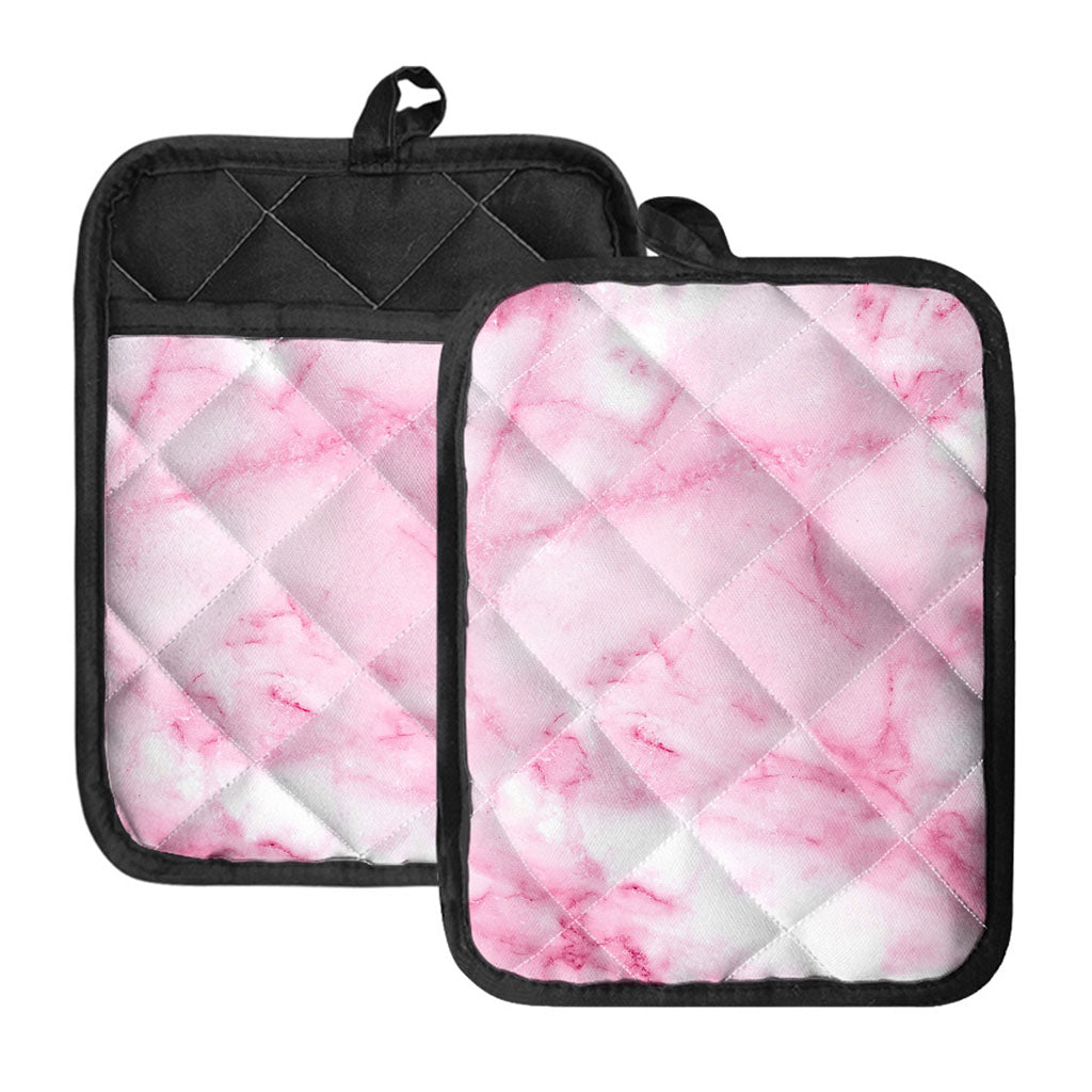 White Pink Marble Print Pot Holders With Pocket