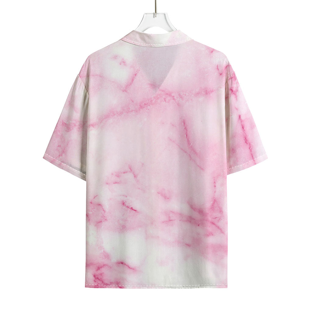 White Pink Marble Print Rayon Hawaiian Shirt