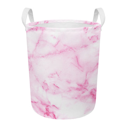 White Pink Marble Print Round Laundry Basket
