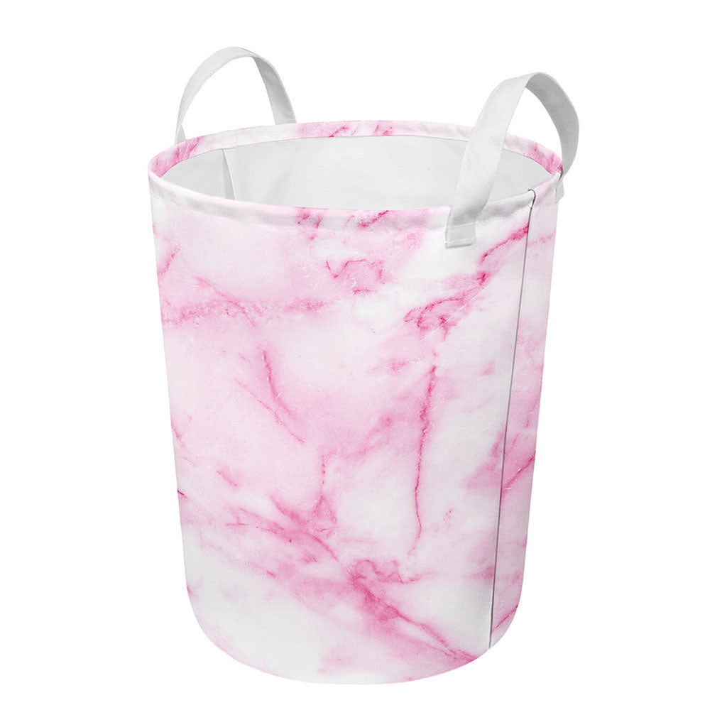 White Pink Marble Print Round Laundry Basket