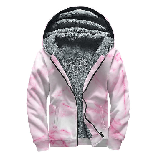 White Pink Marble Print Sherpa Lined Zip Up Hoodie