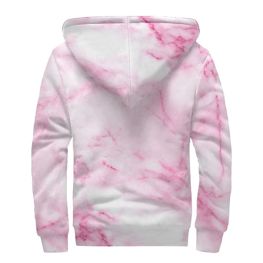 White Pink Marble Print Sherpa Lined Zip Up Hoodie