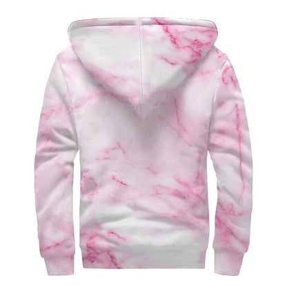 White Pink Marble Print Sherpa Lined Zip Up Hoodie