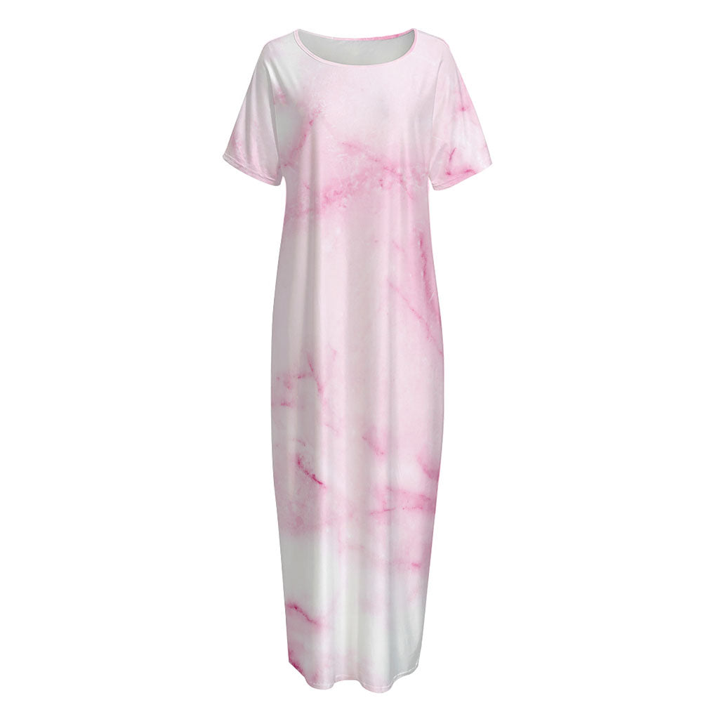 White Pink Marble Print Short Sleeve Long Nightdress