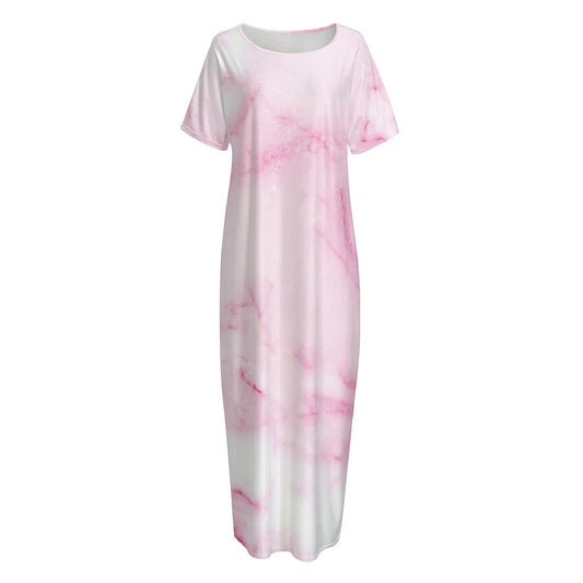 White Pink Marble Print Short Sleeve Long Nightdress