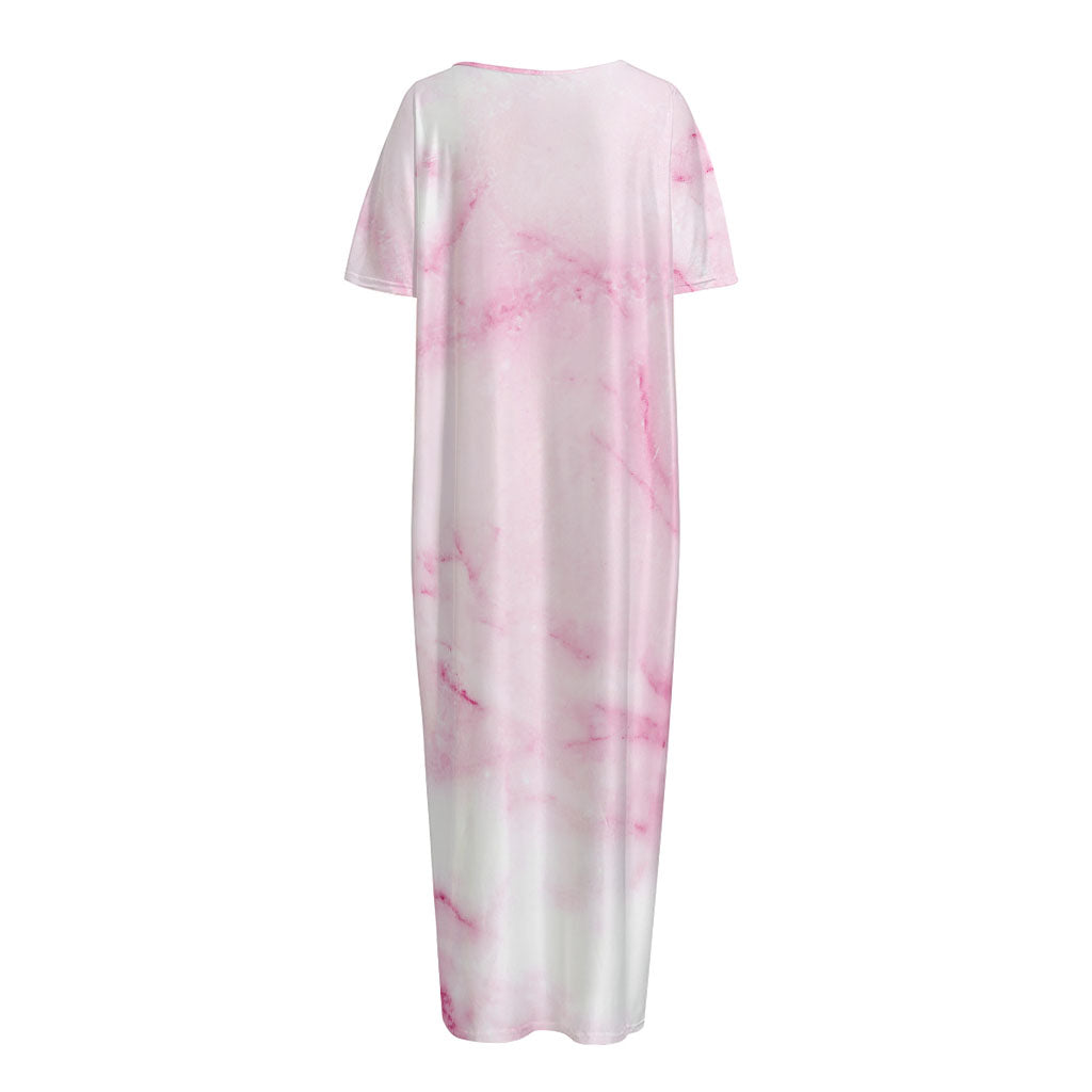 White Pink Marble Print Short Sleeve Long Nightdress