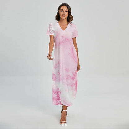White Pink Marble Print Short Sleeve Maxi Dress