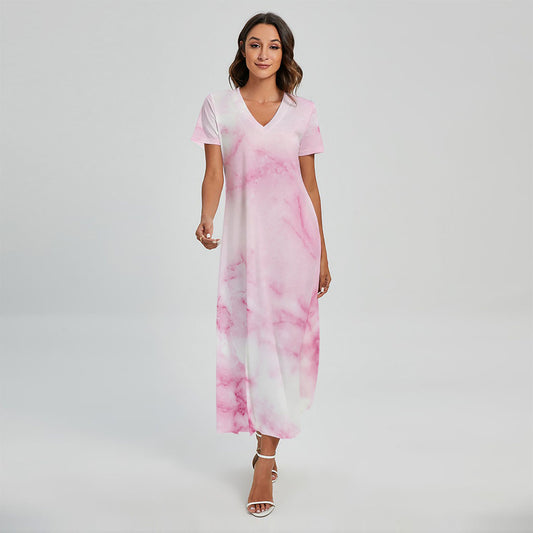 White Pink Marble Print Short Sleeve Maxi Dress