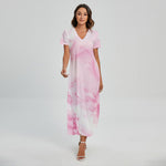 White Pink Marble Print Short Sleeve Maxi Dress