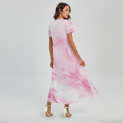 White Pink Marble Print Short Sleeve Maxi Dress