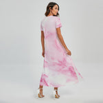White Pink Marble Print Short Sleeve Maxi Dress