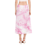 White Pink Marble Print Side Slit Midi Skirt