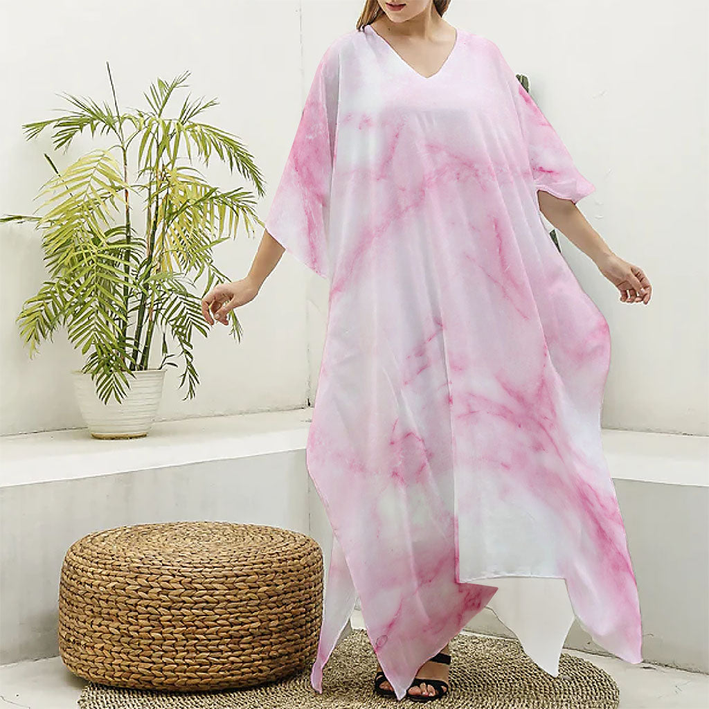 White Pink Marble Print Silk V-Neck Kaftan Dress