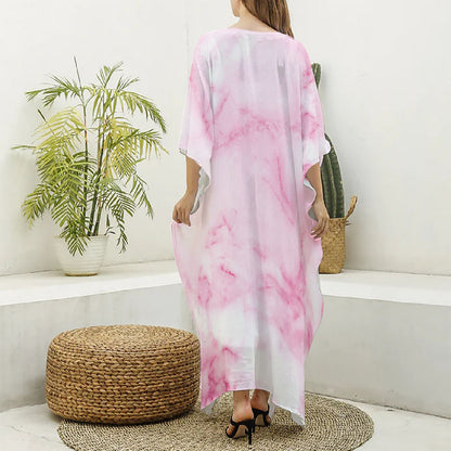 White Pink Marble Print Silk V-Neck Kaftan Dress