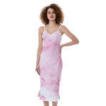 White Pink Marble Print Slim Fit Midi Cami Dress