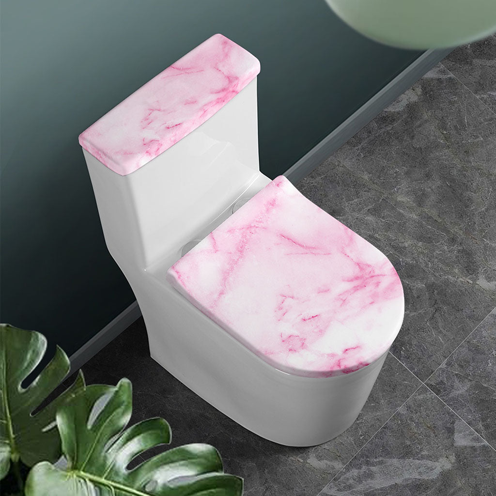 White Pink Marble Print Toilet Lid And Tank Cover Set