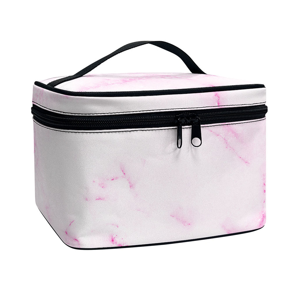 White Pink Marble Print Travel Makeup Bag