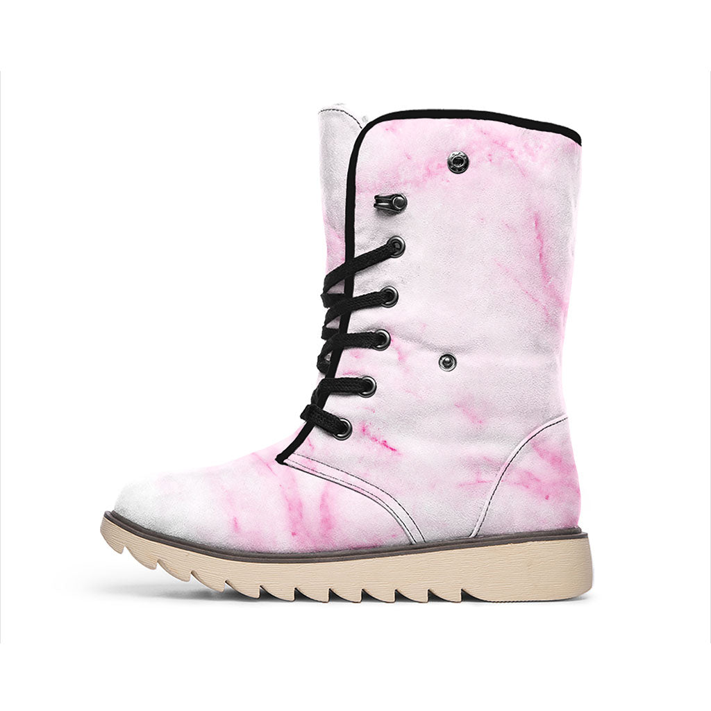 White Pink Marble Print Winter Boots