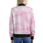 White Pink Marble Print Women's Bomber Jacket