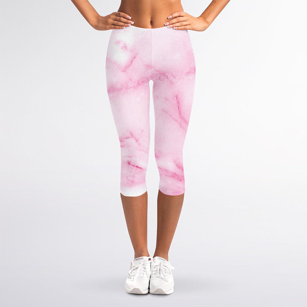 White Pink Marble Print Women's Capri Leggings