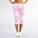 White Pink Marble Print Women's Capri Leggings