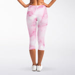 White Pink Marble Print Women's Capri Leggings