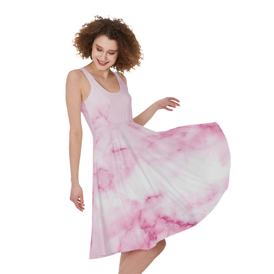 White Pink Marble Print Women's Sleeveless Dress