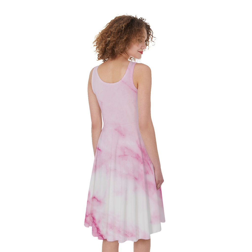 White Pink Marble Print Women's Sleeveless Dress