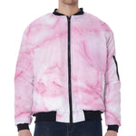 White Pink Marble Print Zip Sleeve Bomber Jacket