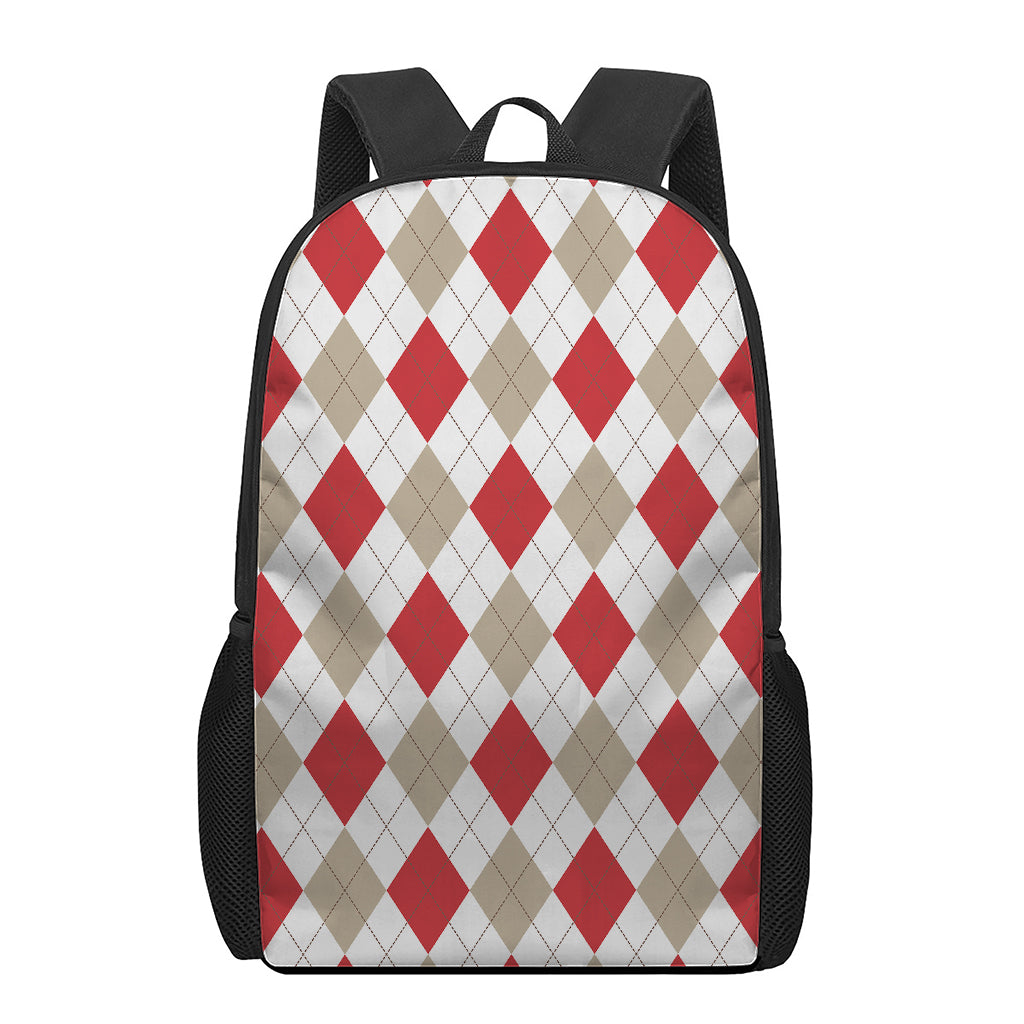 White Red And Beige Argyle Pattern Print 17 Inch Backpack