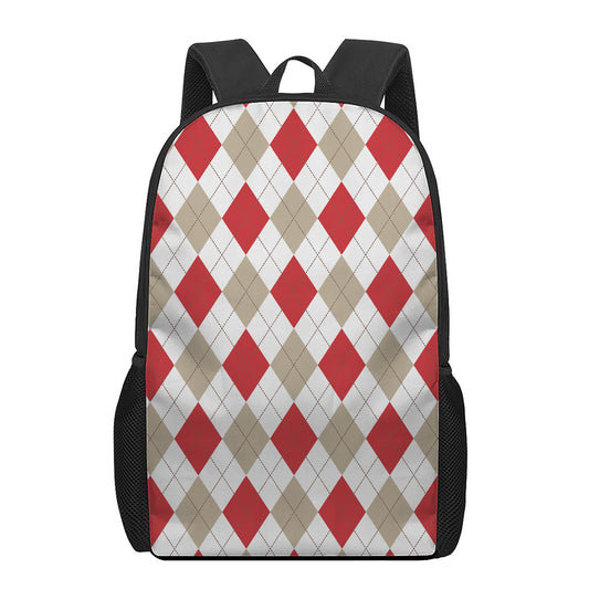 White Red And Beige Argyle Pattern Print 17 Inch Backpack