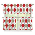 White Red And Beige Argyle Pattern Print 3 Piece Kitchen Curtains