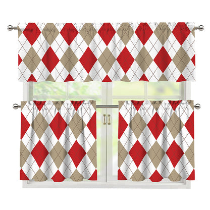 White Red And Beige Argyle Pattern Print 3 Piece Kitchen Curtains