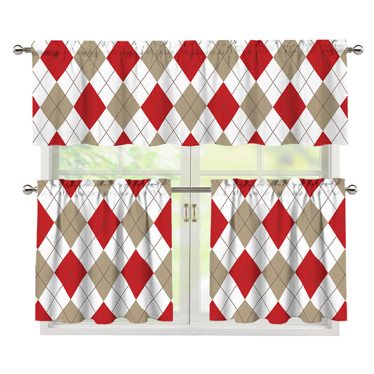 White Red And Beige Argyle Pattern Print 3 Piece Kitchen Curtains