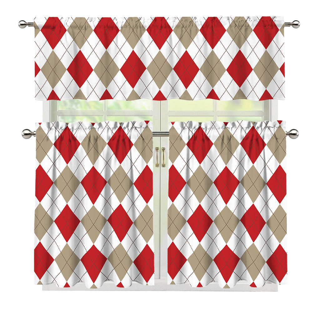 White Red And Beige Argyle Pattern Print 3 Piece Kitchen Curtains