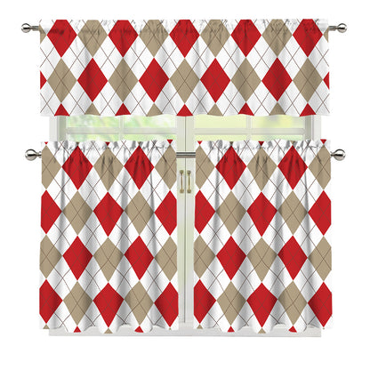 White Red And Beige Argyle Pattern Print 3 Piece Kitchen Curtains