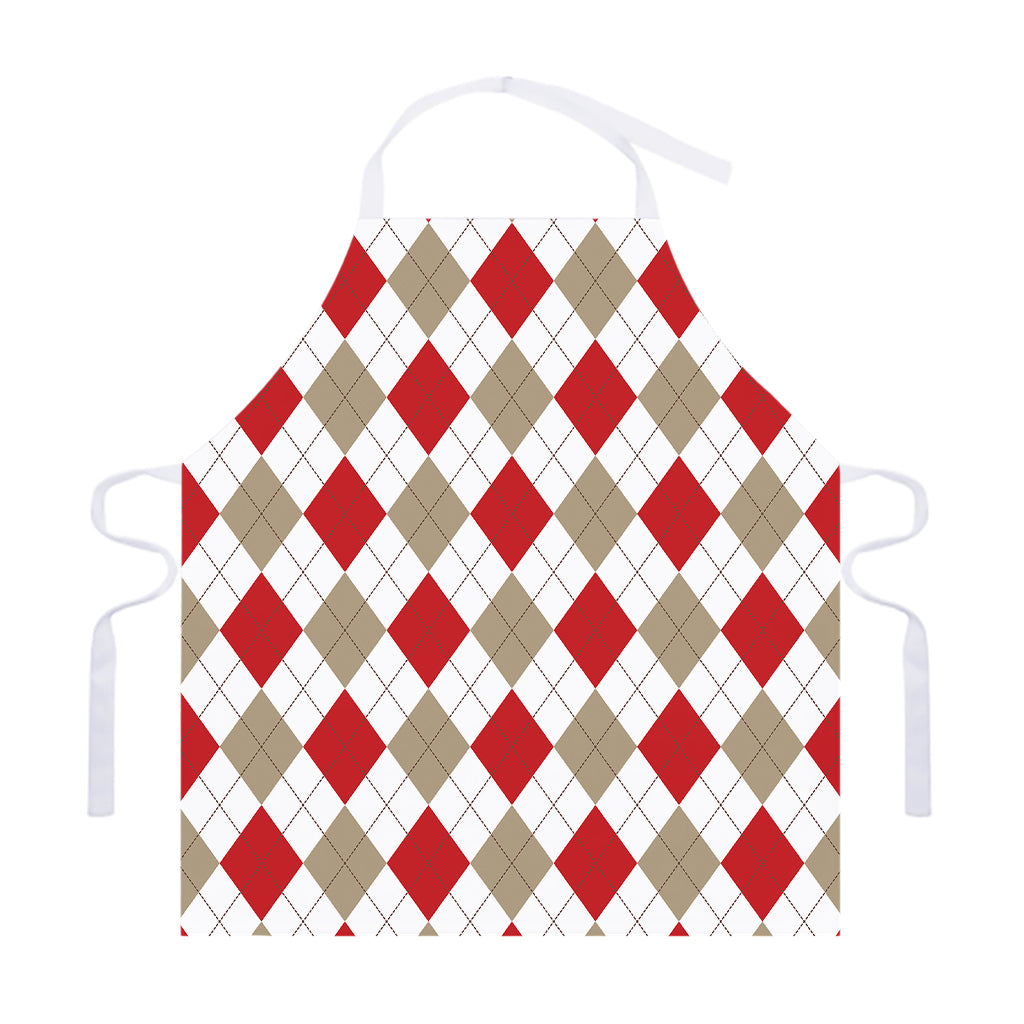 White Red And Beige Argyle Pattern Print Adjustable Apron