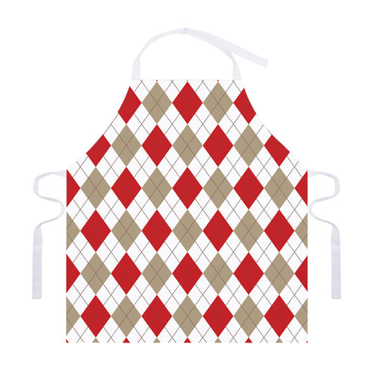 White Red And Beige Argyle Pattern Print Adjustable Apron