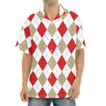 White Red And Beige Argyle Pattern Print Aloha Shirt
