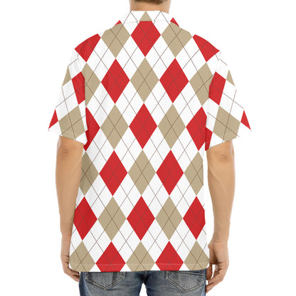 White Red And Beige Argyle Pattern Print Aloha Shirt