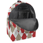 White Red And Beige Argyle Pattern Print Backpack
