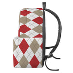 White Red And Beige Argyle Pattern Print Backpack