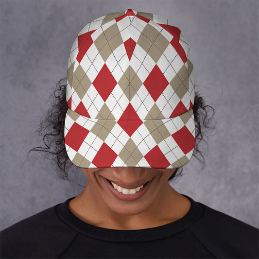 White Red And Beige Argyle Pattern Print Baseball Cap