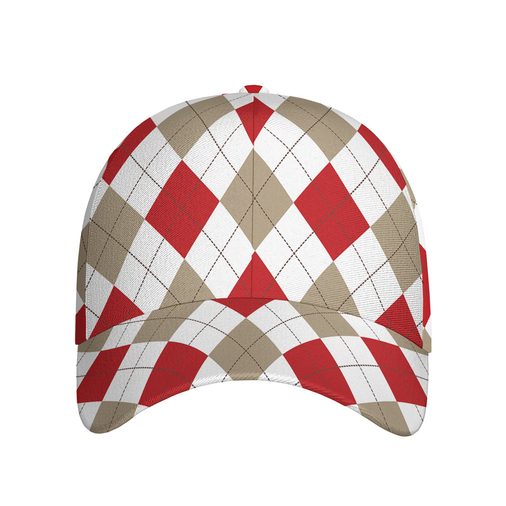 White Red And Beige Argyle Pattern Print Baseball Cap