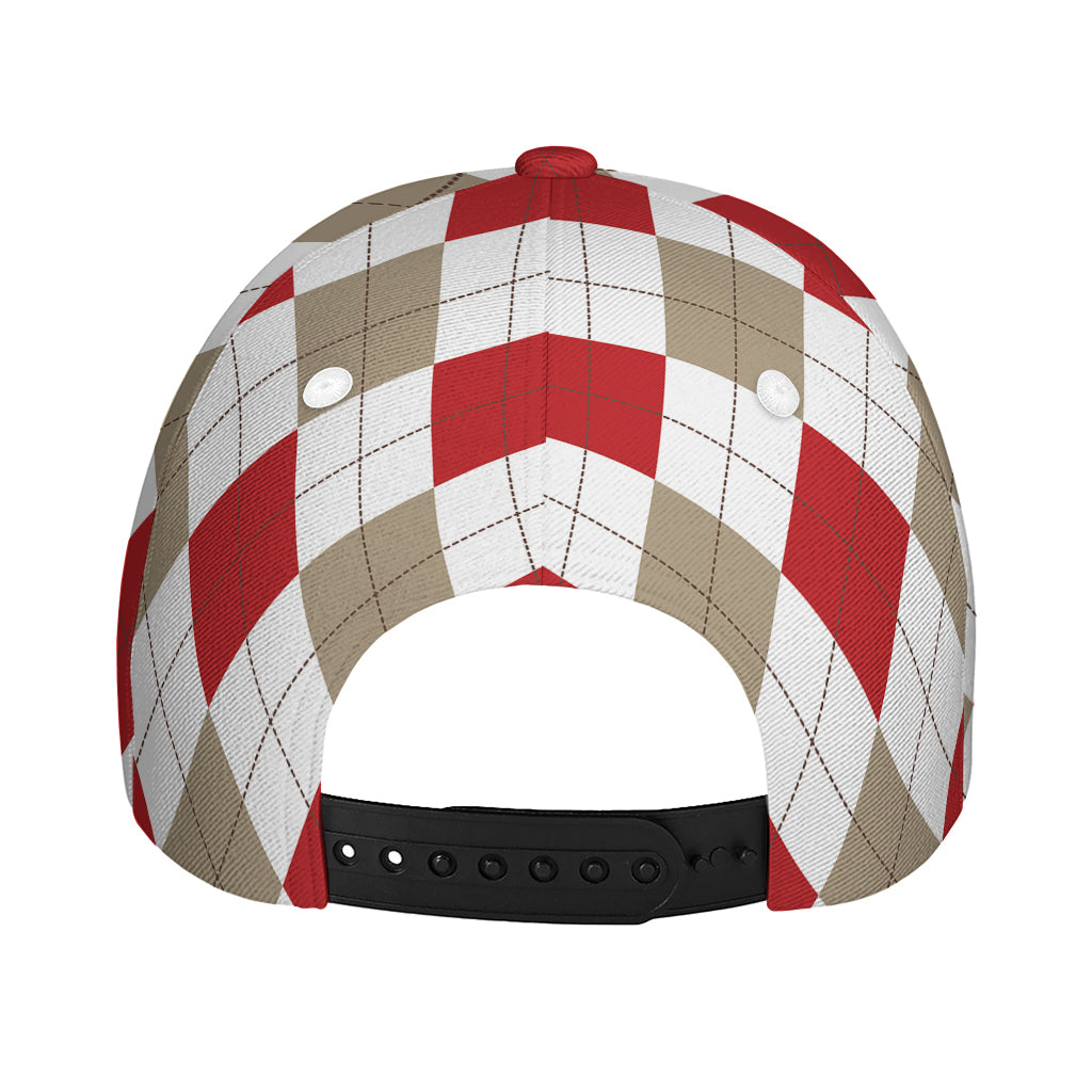 White Red And Beige Argyle Pattern Print Baseball Cap