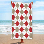 White Red And Beige Argyle Pattern Print Beach Towel