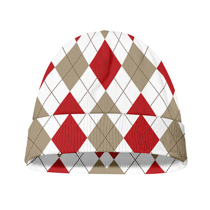 White Red And Beige Argyle Pattern Print Beanie