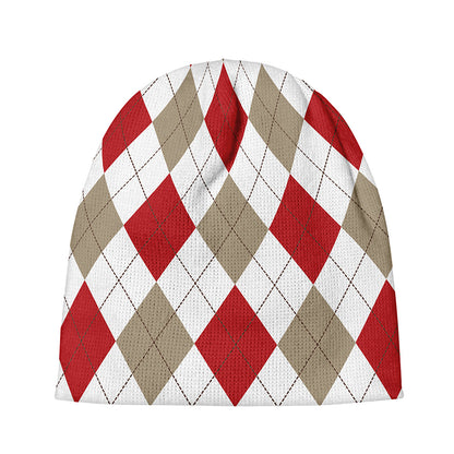 White Red And Beige Argyle Pattern Print Beanie