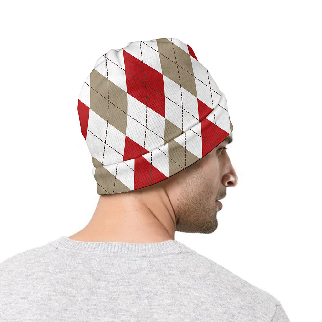 White Red And Beige Argyle Pattern Print Beanie
